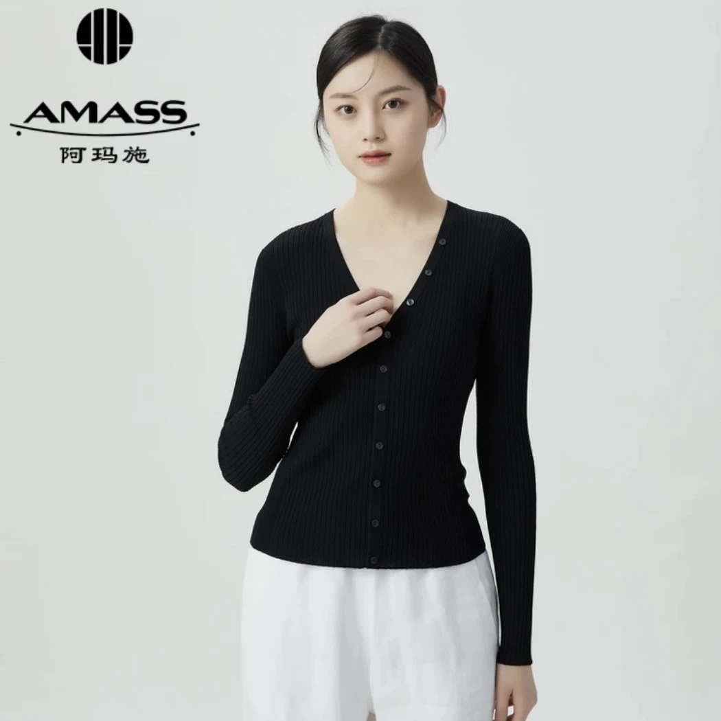 AMASS/阿码施 新款时尚v领百搭显瘦打底长袖针织黑色开衫5499209