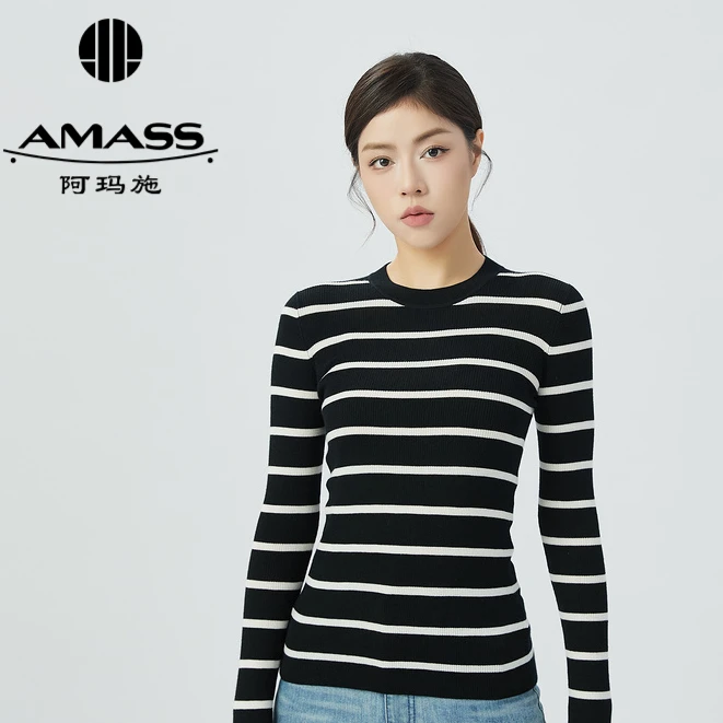 AMASS/阿玛施 秋冬新款圆领基础百搭时尚条纹羊毛针织长袖5399639