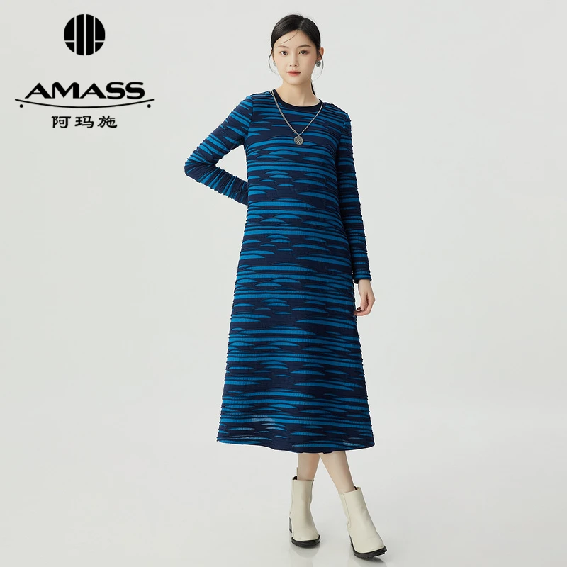 AMASS/阿玛施 新款秋季休闲时尚圆领质感中长款长袖连衣裙5500080