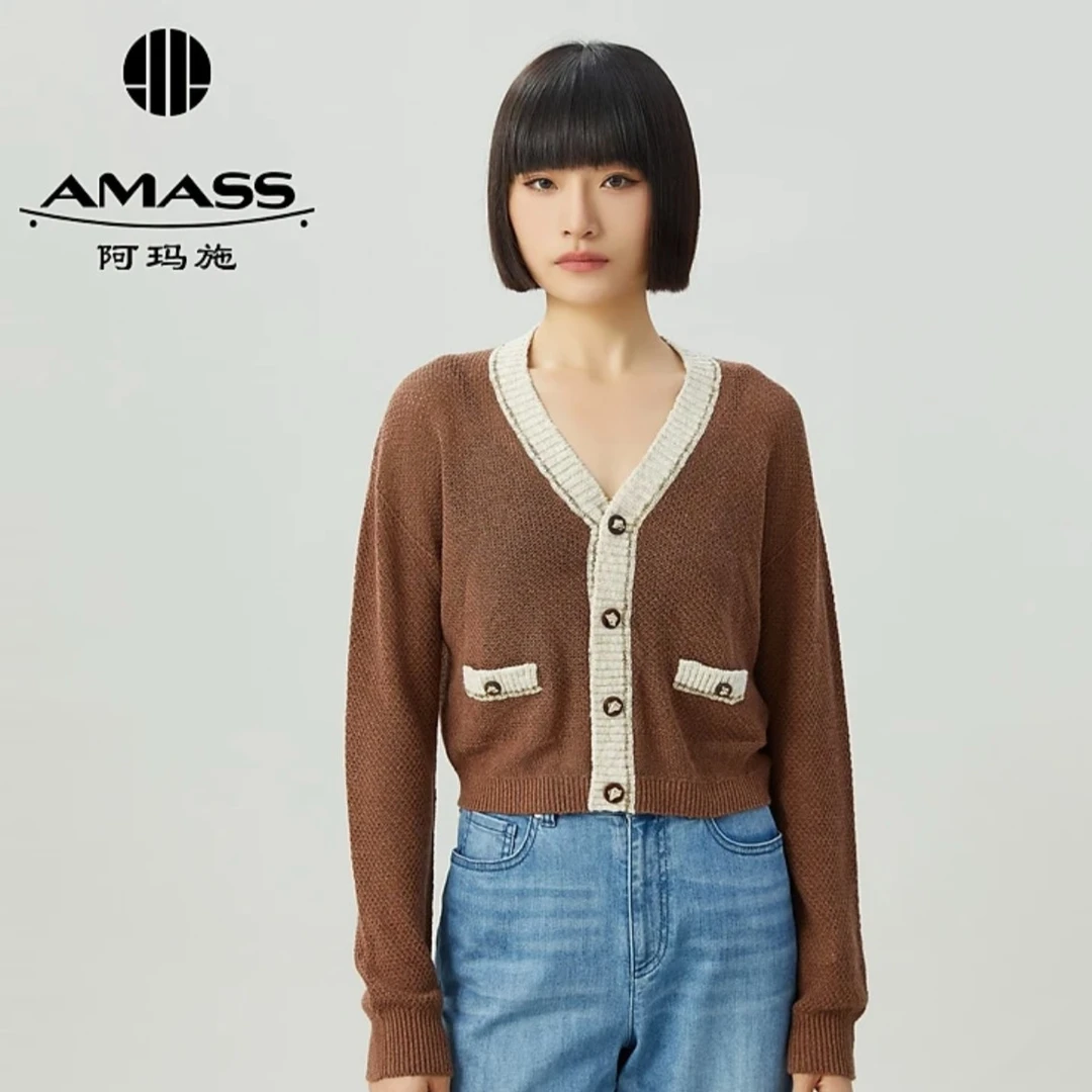 AMASS/阿码施秋季新款小香风撞色新款时尚V领拼色针织开衫5499208