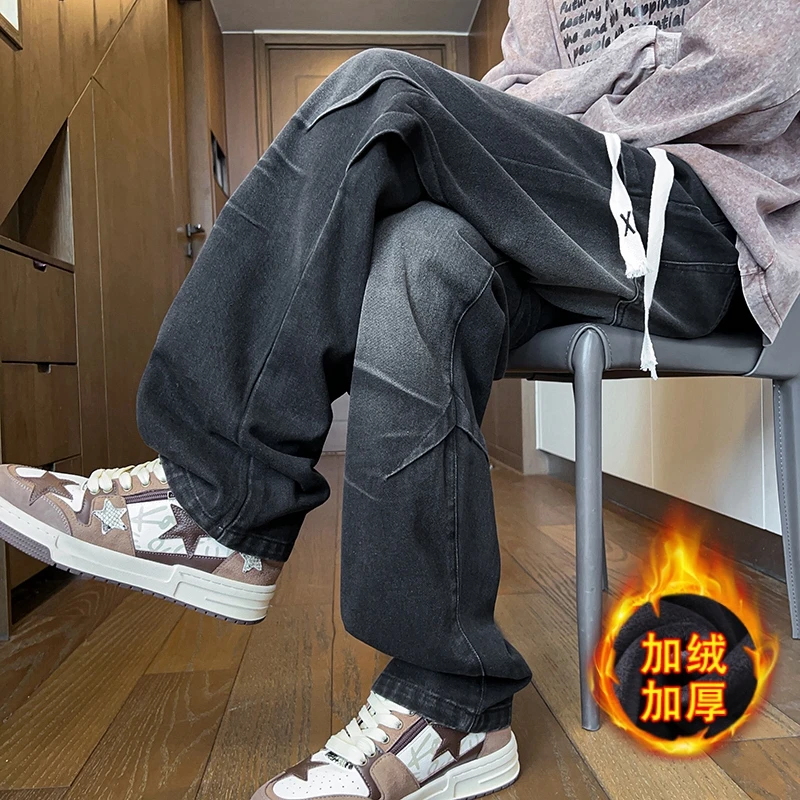 2024冬季新款加绒休闲裤男加厚牛仔裤保暖长裤直筒百搭宽松复古潮