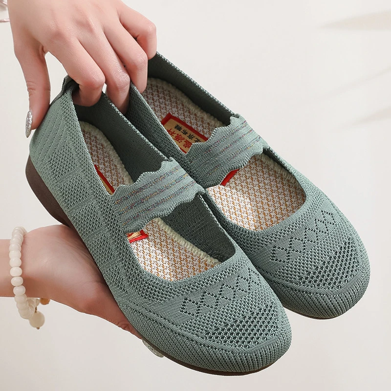 夏季老北京布鞋女飞织网面透气软底豆豆鞋平跟浅口镂空舒适妈妈鞋