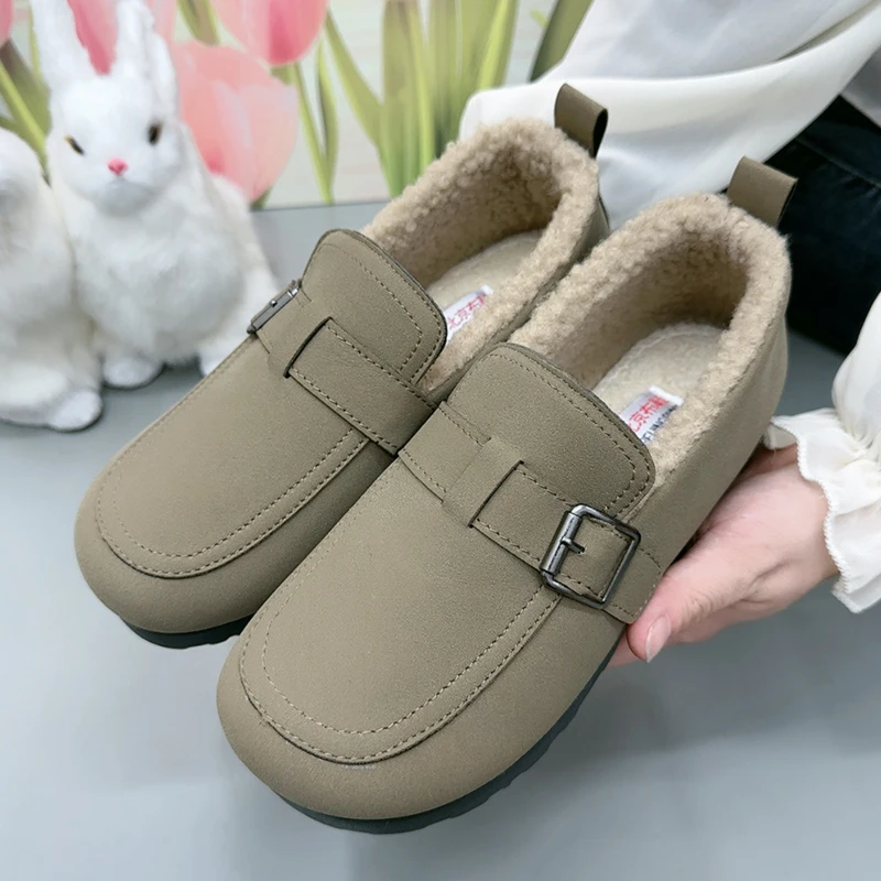 勃肯鞋女加绒加厚毛毛棉鞋外穿2024冬季新款舒适保暖软底豆豆女鞋