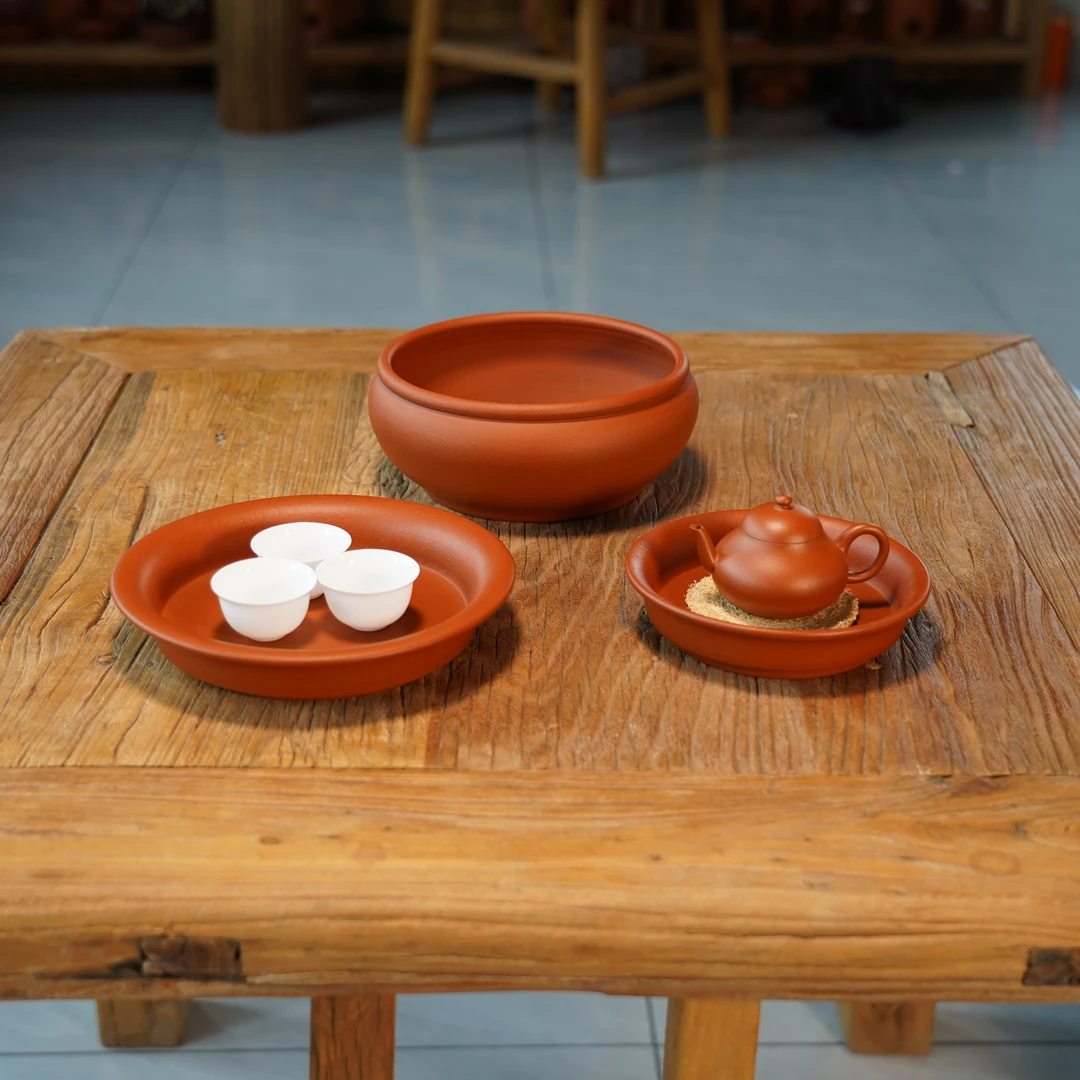谢淡彬潮式干泡台茶盘朱泥手拉茶盘纯手工圆形