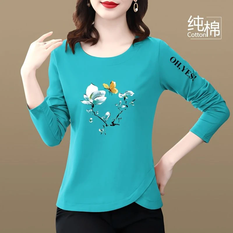 100%纯棉妈妈装长袖T恤女秋季2023新款宽松时尚洋气圆领印花上衣