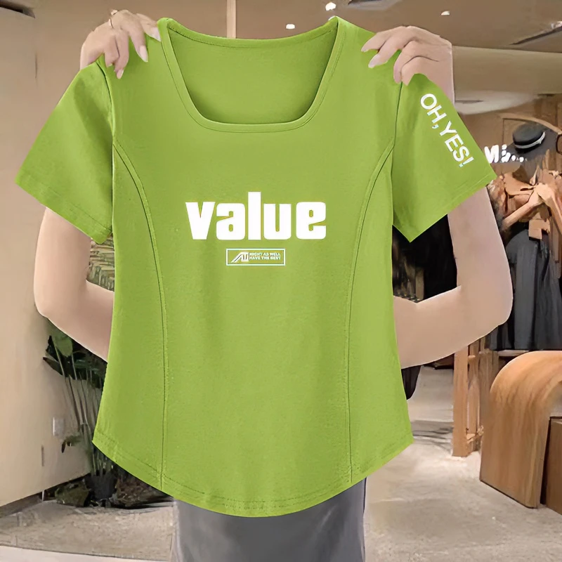 纯棉薄款夏天胖mm正肩上衣方领宽松显瘦外搭高档小众女士体恤短袖