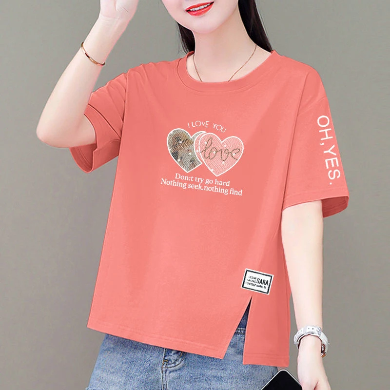 100优质棉短袖夏天宽松显瘦遮肉印花洋气短款t恤女开叉体恤女上衣