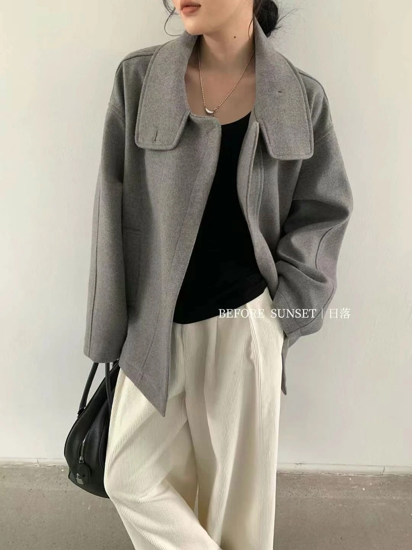 韩系休闲时尚宽松立领拼皮呢料大衣短外套女小个子高级感