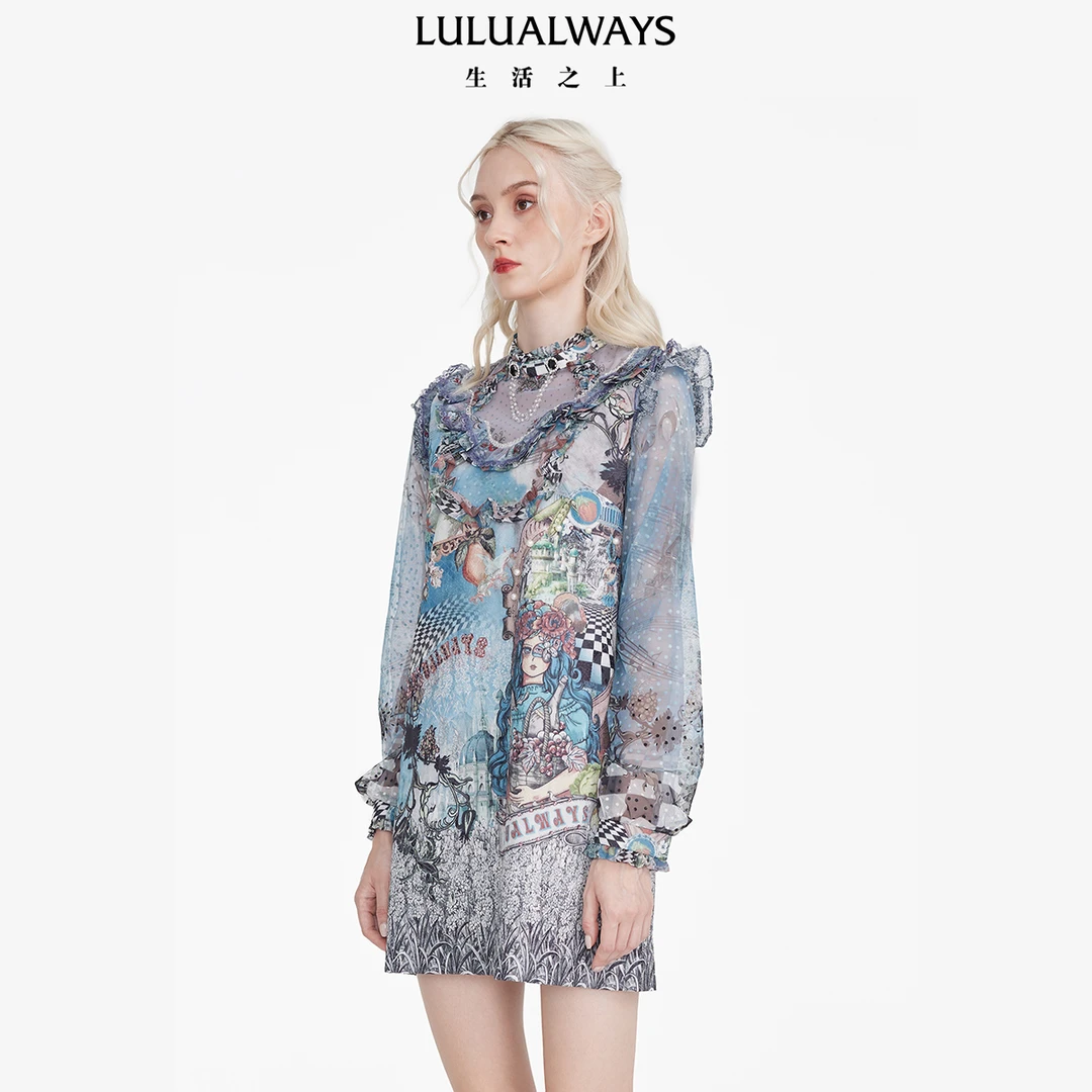 LULUALWAYS 秋季 蓝色印花网纱复古连衣裙 LNC5039
