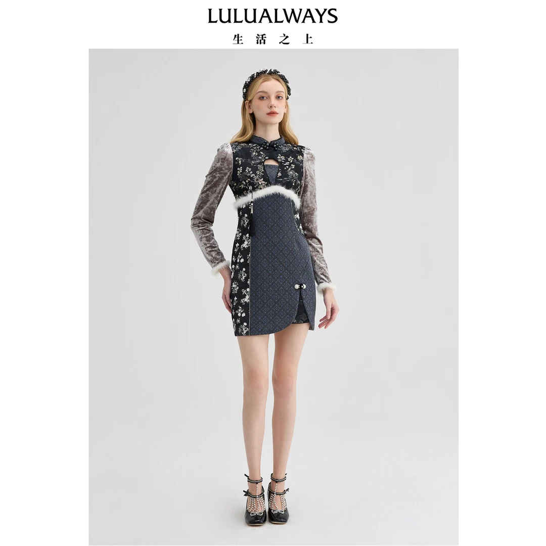 【商场同款】24冬季新款新中式格子花朵提花短款连衣裙