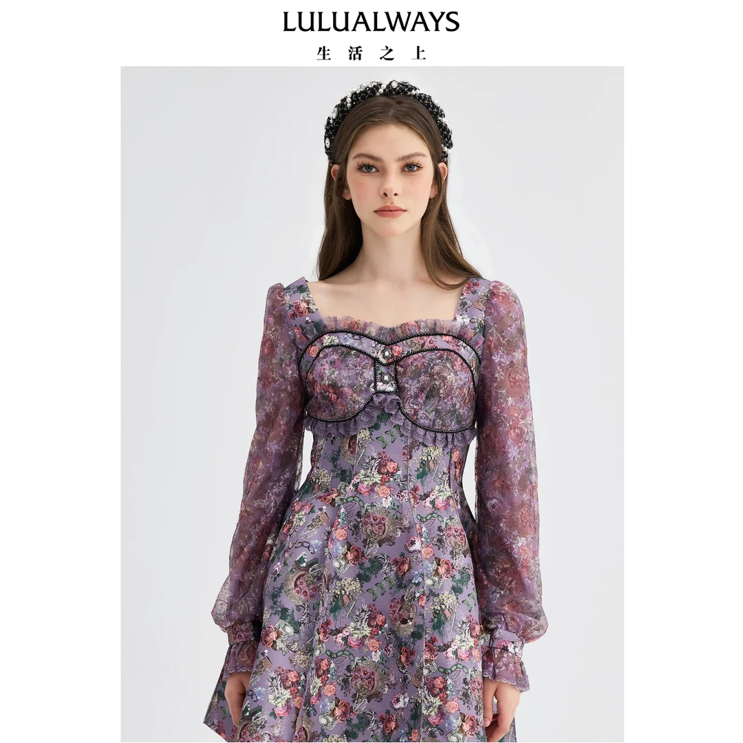 LULUALWAYS新款碎花连衣裙优雅长裙气质长袖时尚复古法式OPC5032