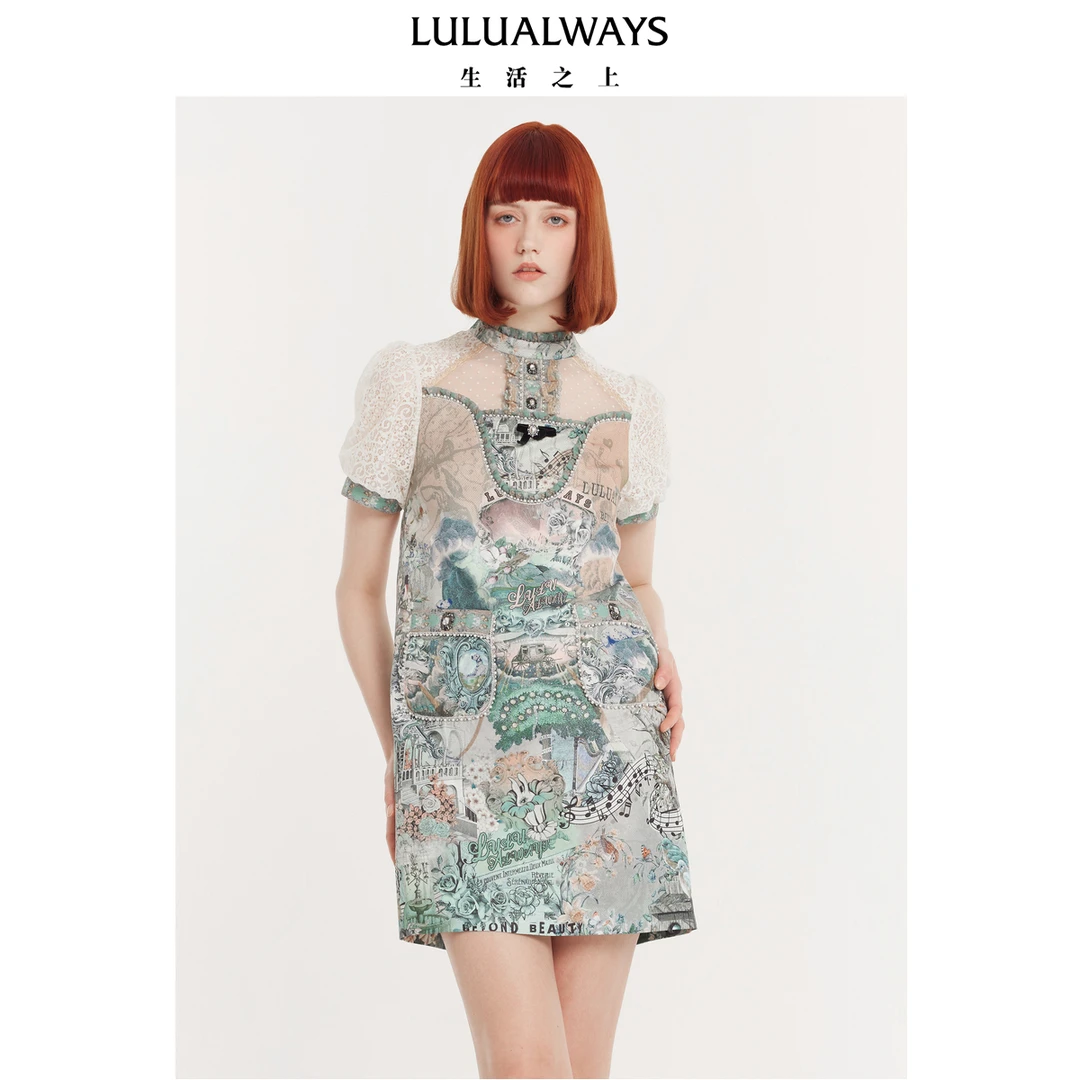 LULUALWAYS24夏季新款气质直筒宽松显瘦印花设计师短款女装连衣裙