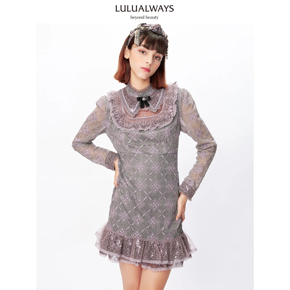 LULUALWAY法式气质蕾丝拼接网纱显瘦绣花长袖女装连衣裙LMC5011