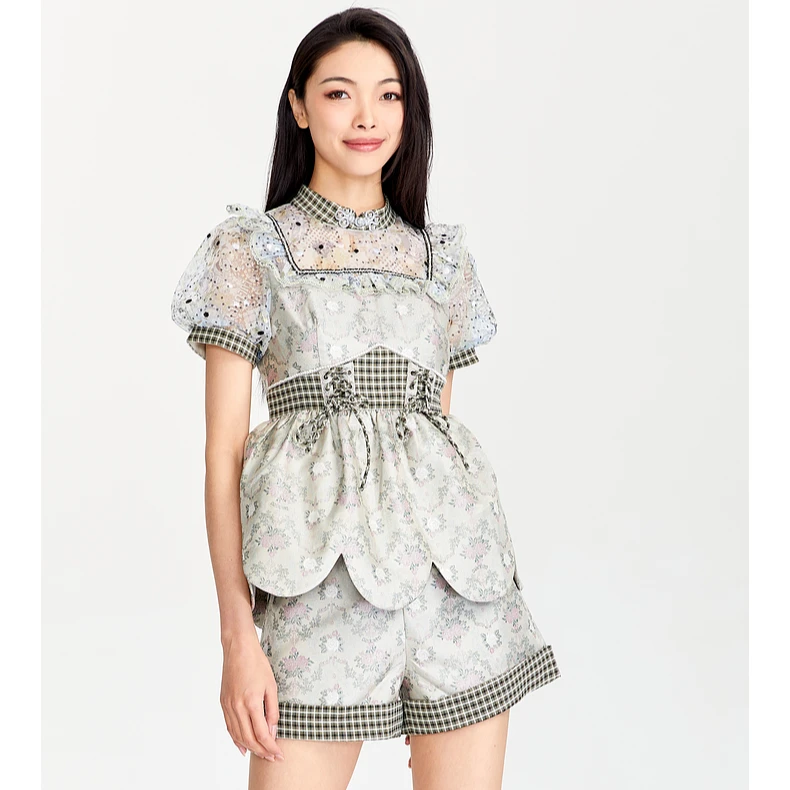 LULUALWAYS新款系绳网纱短袖上衣LOB2036