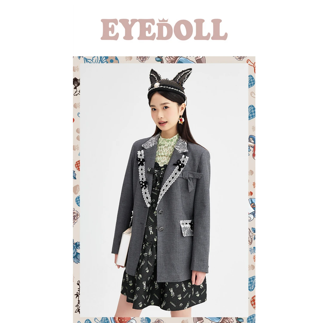 EYEDOLL 设计感拼色蕾丝蝴蝶结西服外套气质简约平驳领西装