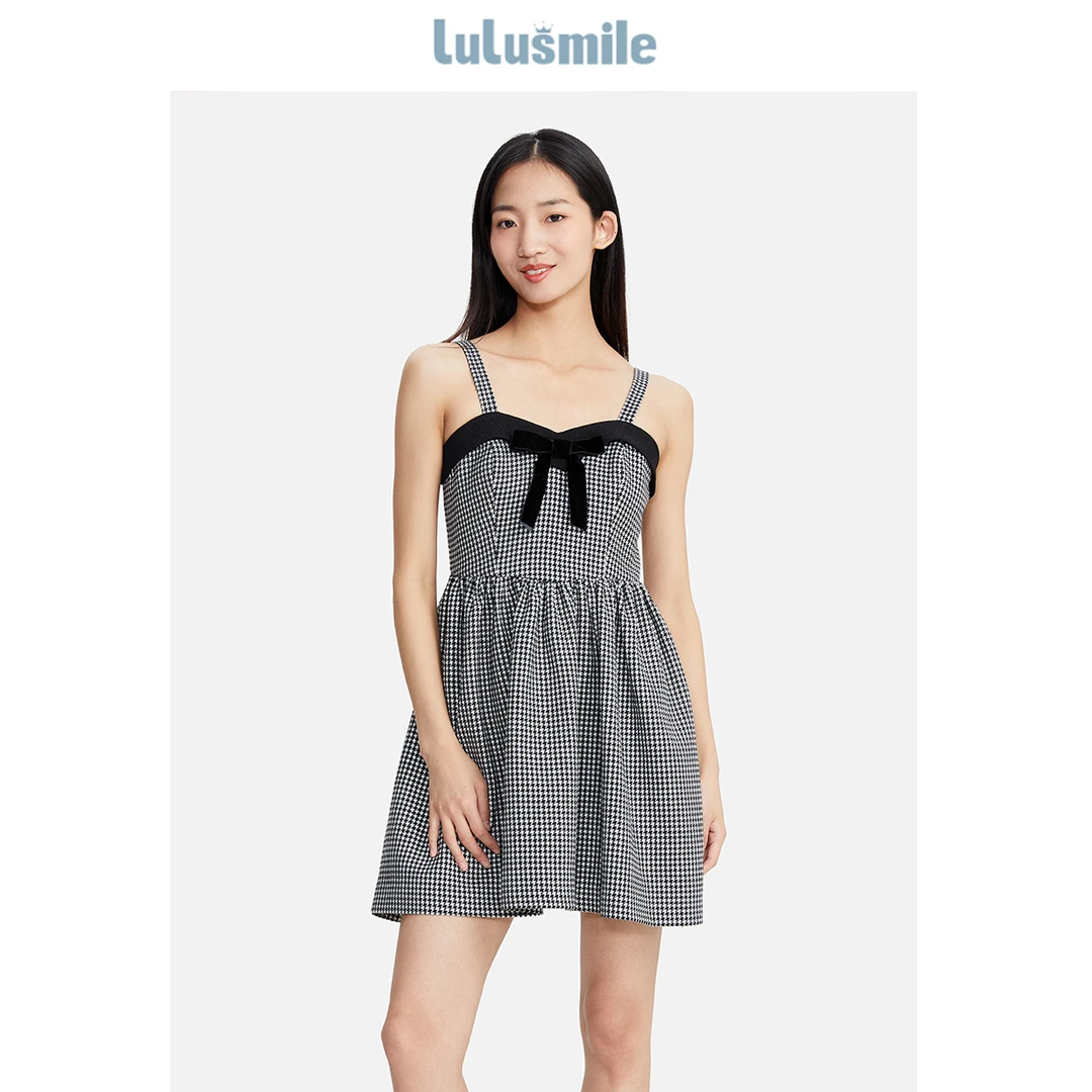 lulusmile秋季小香风蝴蝶结千鸟格显瘦吊带连衣裙
