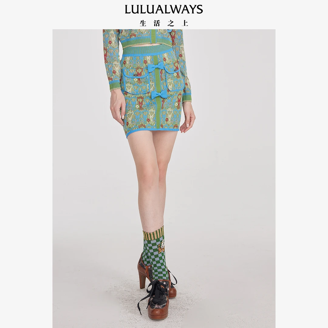 lulualways提花蝴蝶结撞色针织女装时尚休闲高腰半身裙LNC0031