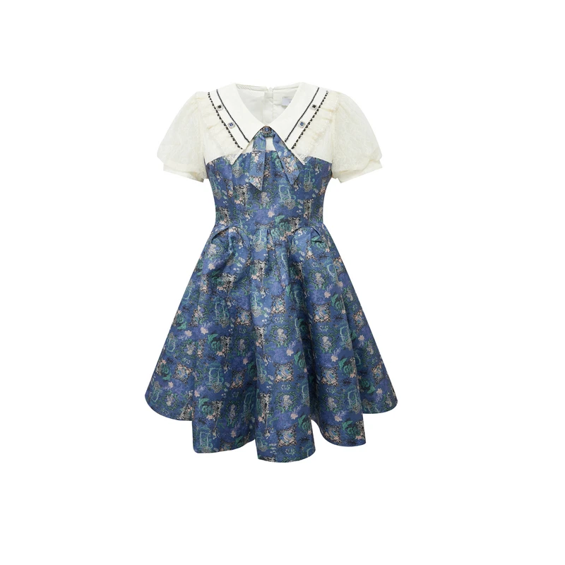 lulualways24夏季新款印花高腰短款法式收腰时尚优雅女装连衣裙