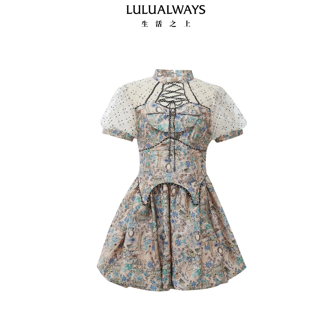 LULUALWAYS24夏季新款复古宫廷风摩登腰封短款提花连衣裙