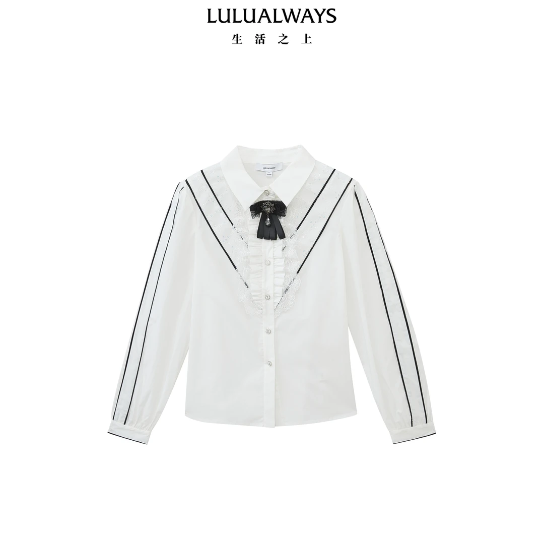 LULUALWAYS 秋 新款时尚别致花边长袖纽扣衬衫 LOC2053