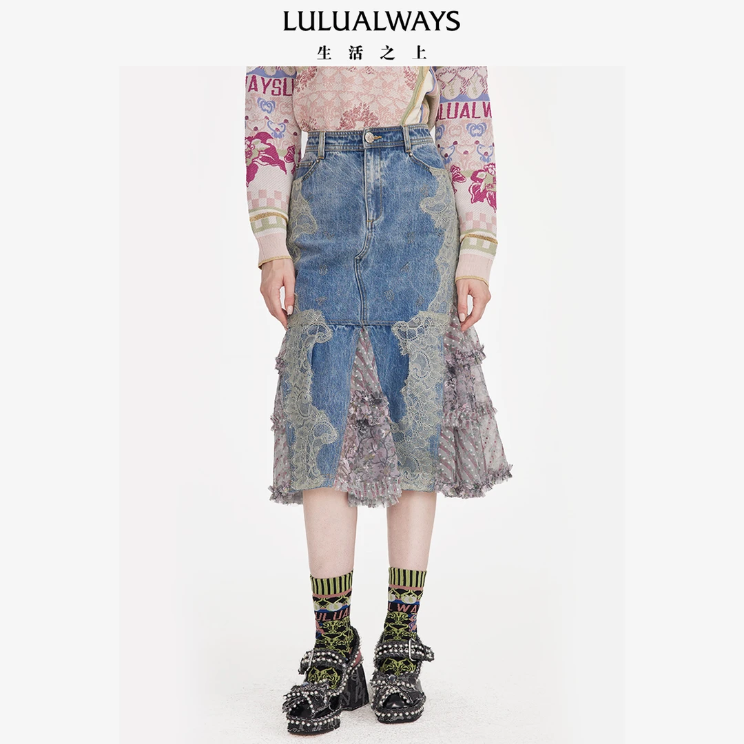 lulualways 新款牛仔蕾丝拼接长半裙LNC4010