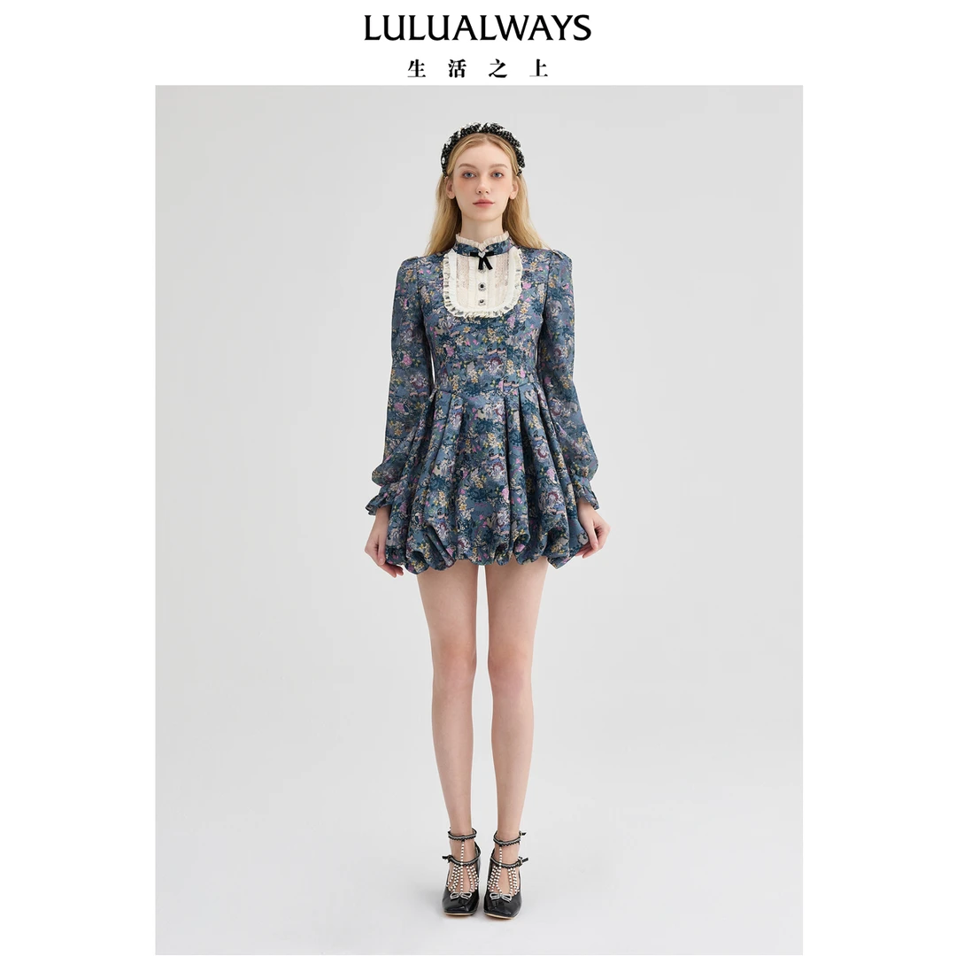LULUALWAYS我爱露露24冬秋季新款法式宫廷风灯笼裙提花短款连衣裙