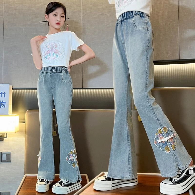 女童裤子夏季薄款大童时髦洋气夏款长裤夏天牛仔裤夏装儿童喇叭裤