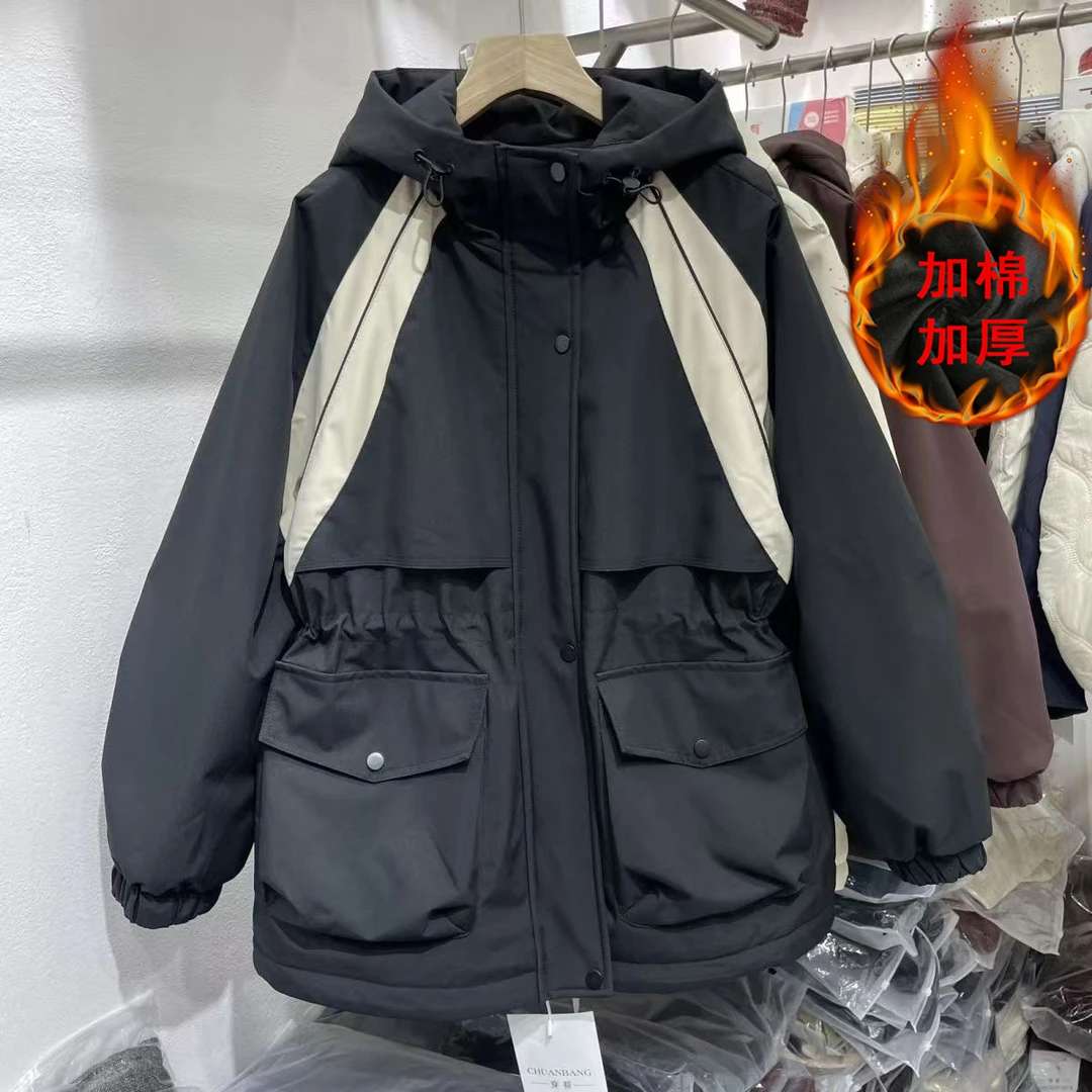 加棉加厚连帽撞色派克服外套女2024冬新款抽绳收腰显瘦中长款上衣
