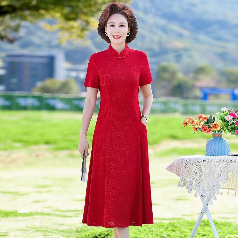新娘妈妈婚礼喜服夏装高贵中年女旗袍连衣裙新款短袖喜婆婆婚宴装