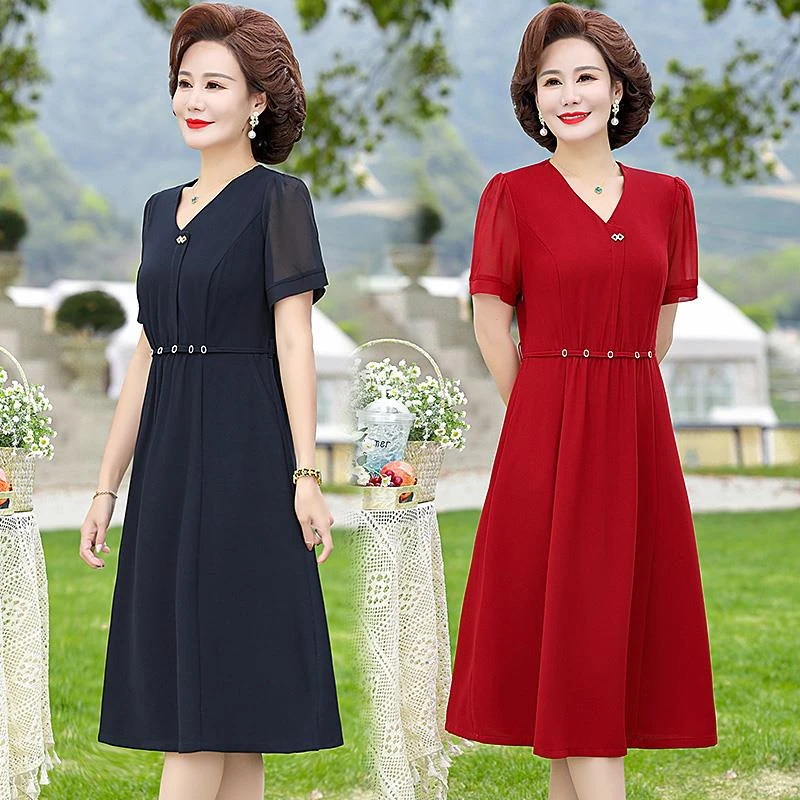 妈妈夏装雪纺连衣裙洋气高贵新款40岁50中老年女喜婆婆气质短袖裙