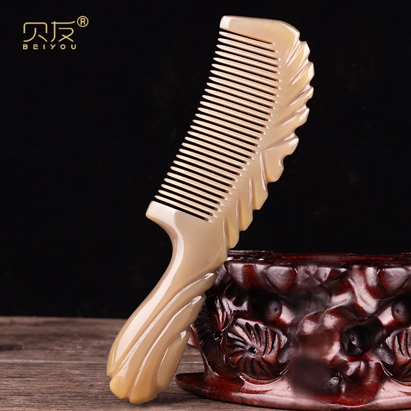 贝友整角加厚牦牛角梳子细齿梳头顺发长发按摩梳家用男女士送礼盒