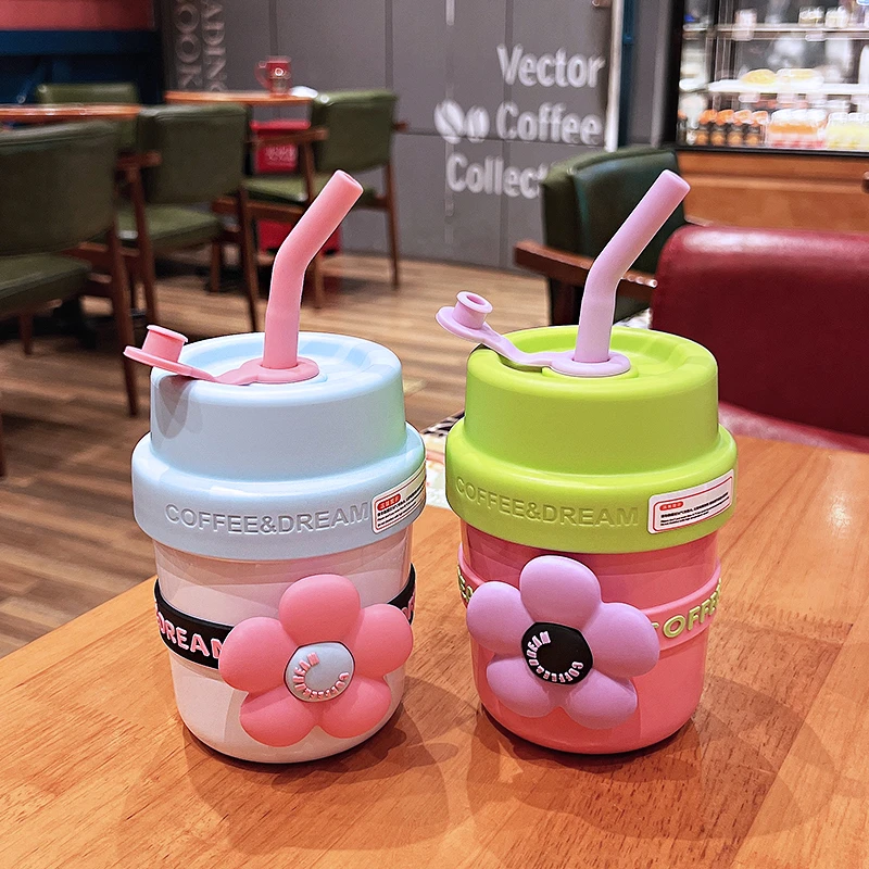 多巴胺可爱花朵保温杯女高颜值咖啡杯便携式随行吸管杯学生杯子