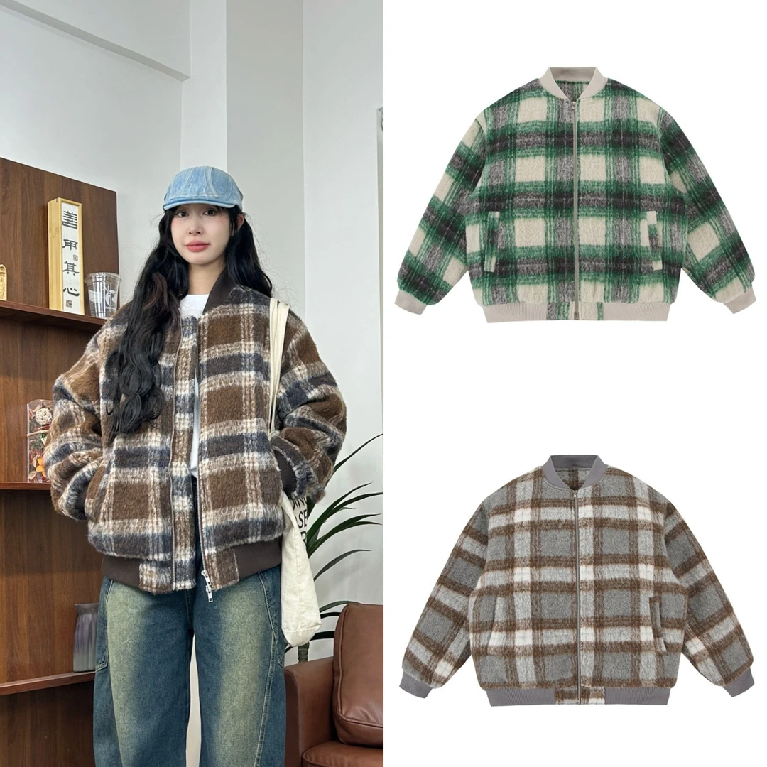 【吉阿嘉】冬季加厚ins美式复古短款百搭宽松保暖格纹棒球领棉服