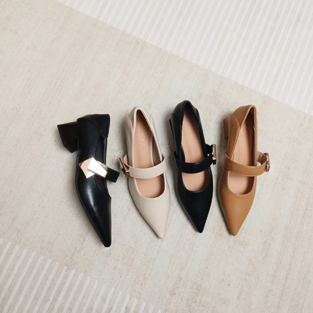 粗跟单鞋女2025年新款尖头浅口百搭气质韩版软皮法式面试工作鞋