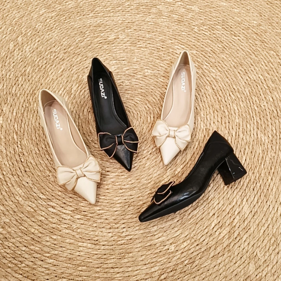 中跟单鞋女2025春季新款复古气质百搭尖头蝴蝶结浅口黑色粗跟女鞋