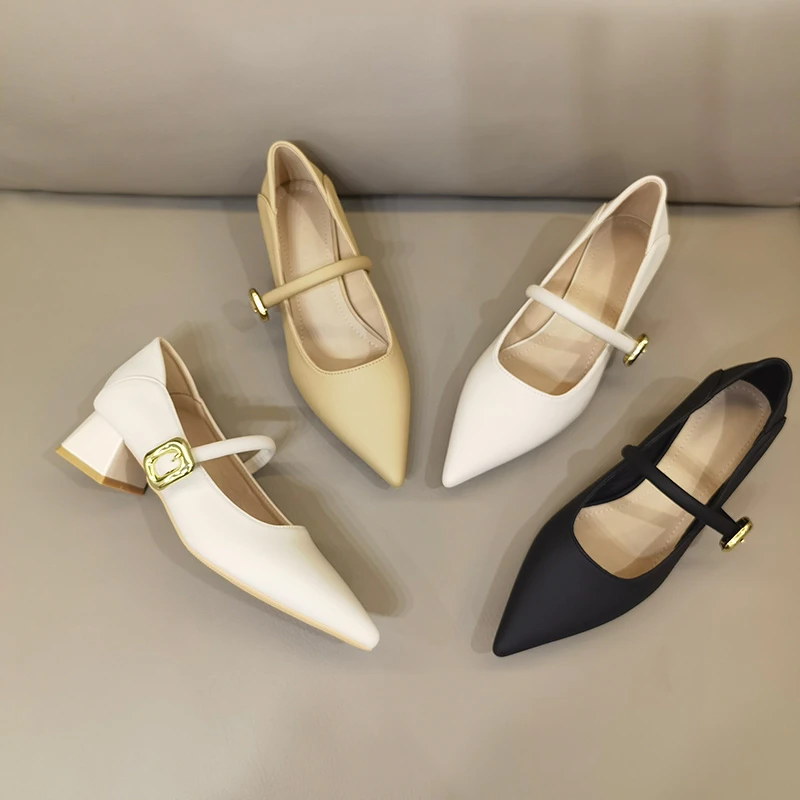 粗跟单鞋女2025新款春季尖头低跟玛丽珍女鞋法式气质百搭工作鞋女