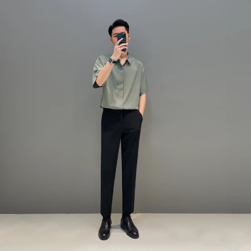 短袖衬衫男夏季轻熟风免烫高级垂坠感纯色衬衣男士休闲冰丝上衣潮