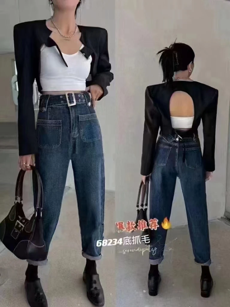 2022年流行明兜垮裤抓毛显瘦白搭牛仔裤