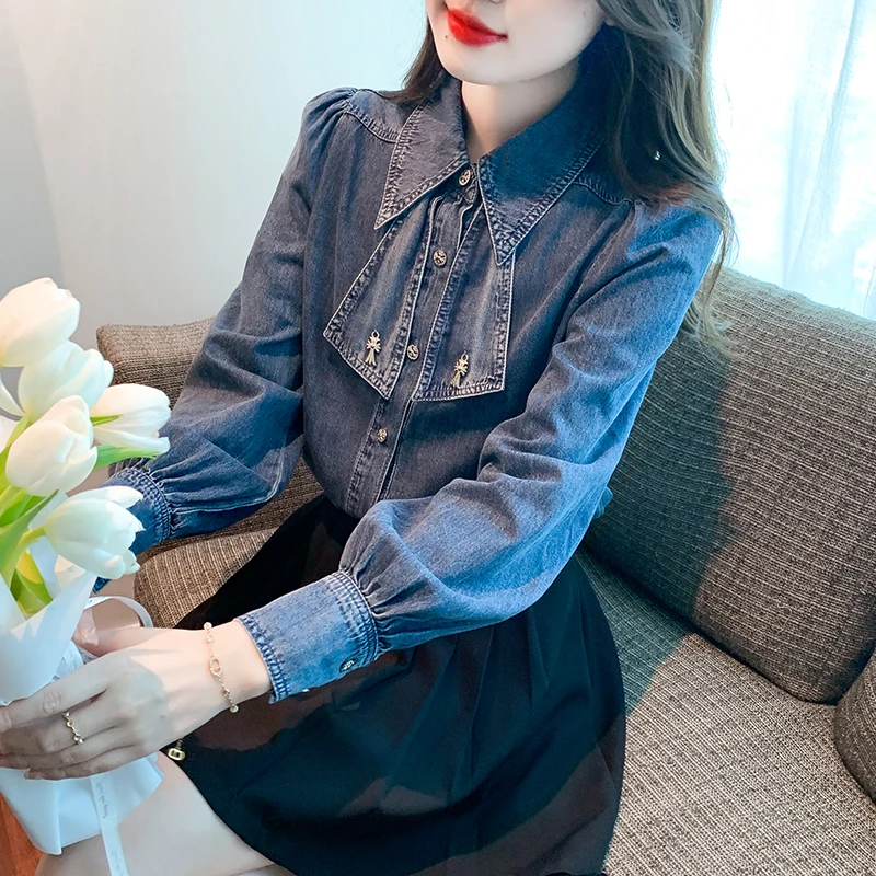 高级感牛仔衬衫女长袖2024春秋新款港风复古蝴蝶结气质高端衬衣潮