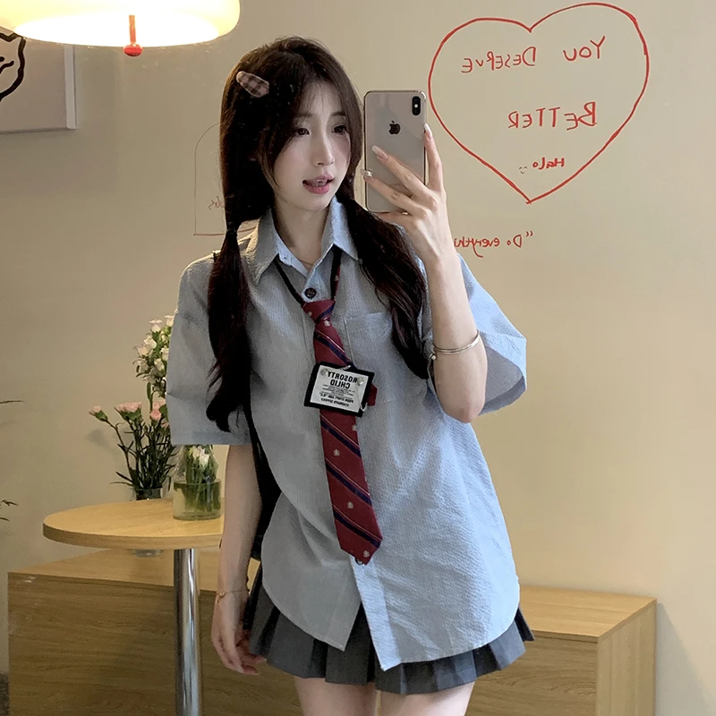 【颖颖专属】胖mm韩系宽松学院风条纹短袖衬衫上衣