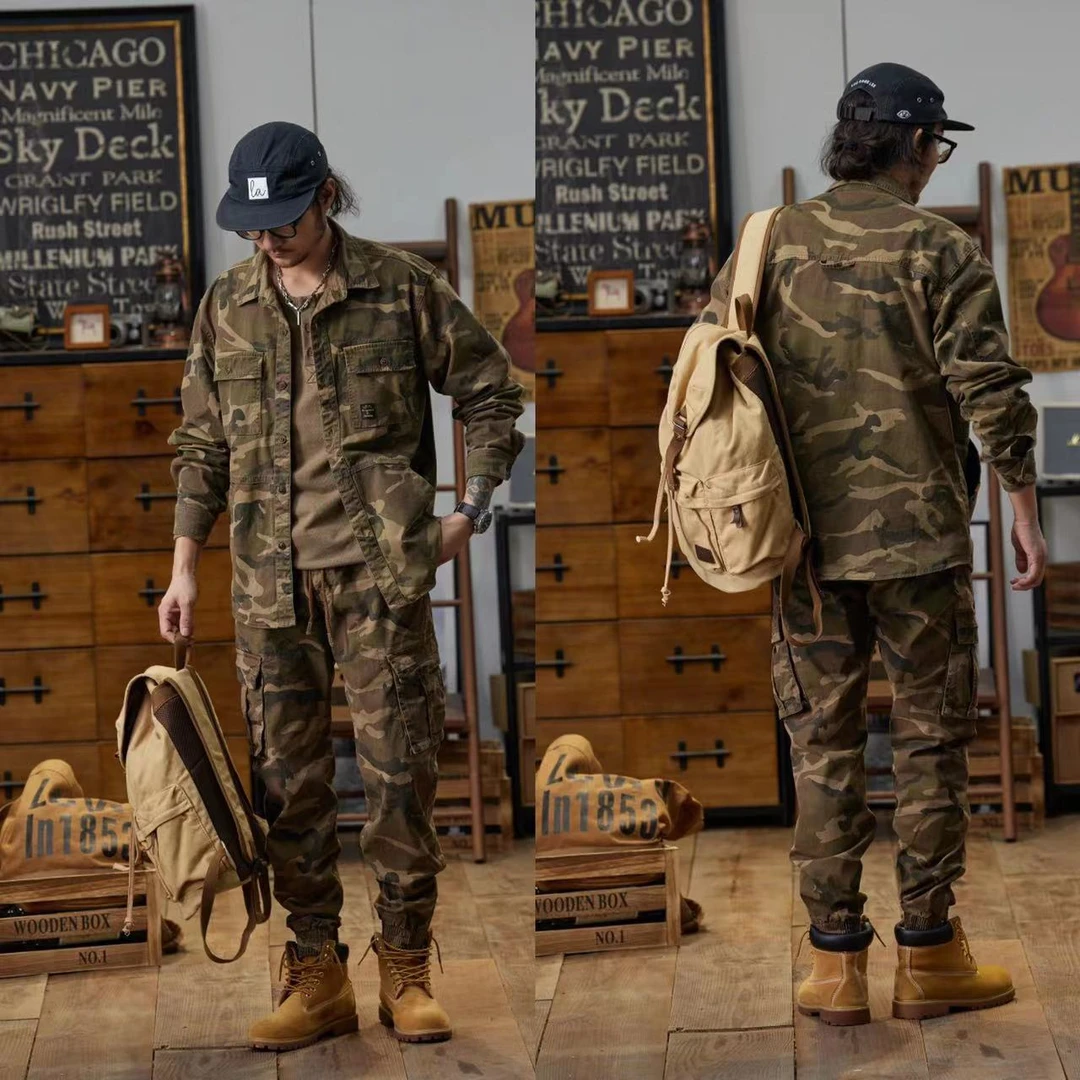 迷彩衬衫长裤男士工装套装宽松户外耐磨上衣美式休闲春秋外套秋冬