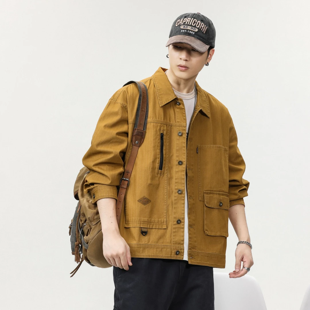 纯棉美式工装复古重磅鱼骨纹夹克男春秋款硬汉猎装外套秋季百搭