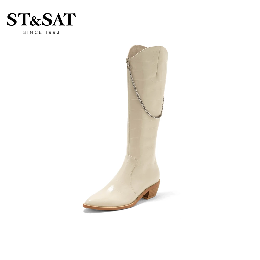 【店】星期六时装靴尖头简约纯色长筒粗跟女靴SS14117763