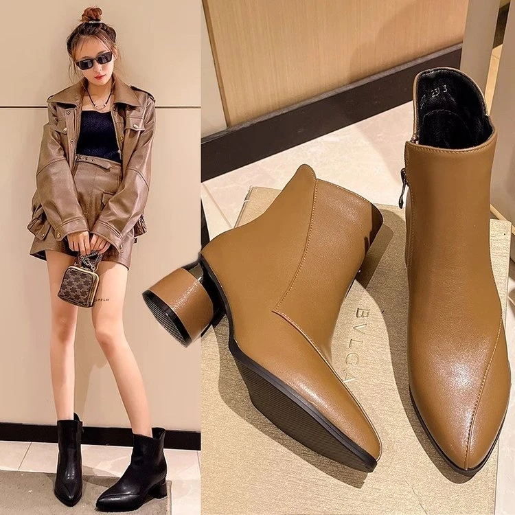 【现货】真皮粗跟尖头女鞋短靴女2025新款时尚单靴秋冬百搭马丁靴子
