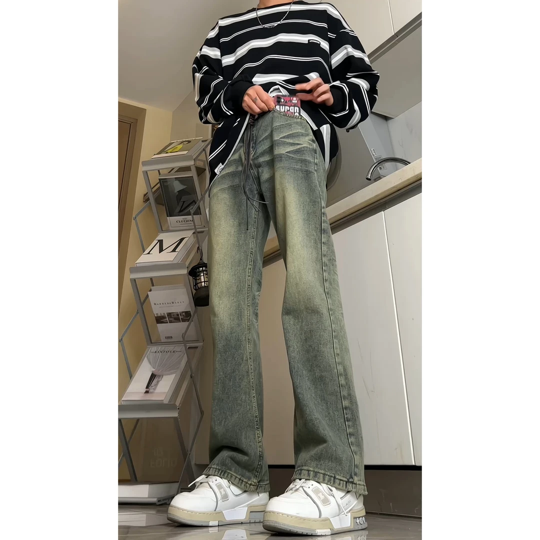 美式高街vibe广州新塘牛仔裤男秋冬加绒潮牌痞帅修身直筒微喇裤子