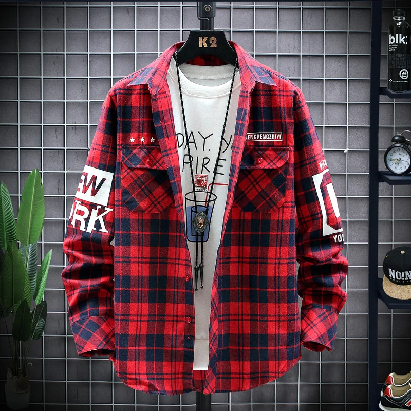 春秋款男士长袖衬衫韩版潮流帅气港风衬衣休闲外穿格子寸衫男