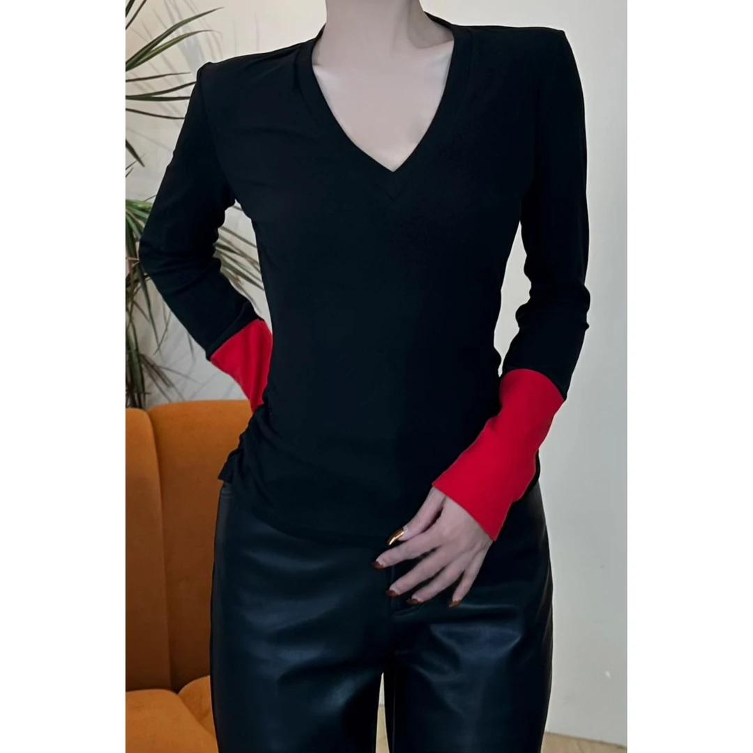 紫紫 暖绒绒气质拼色显瘦百搭拉毛上衣打底衣V领长袖T恤ZSJB1120