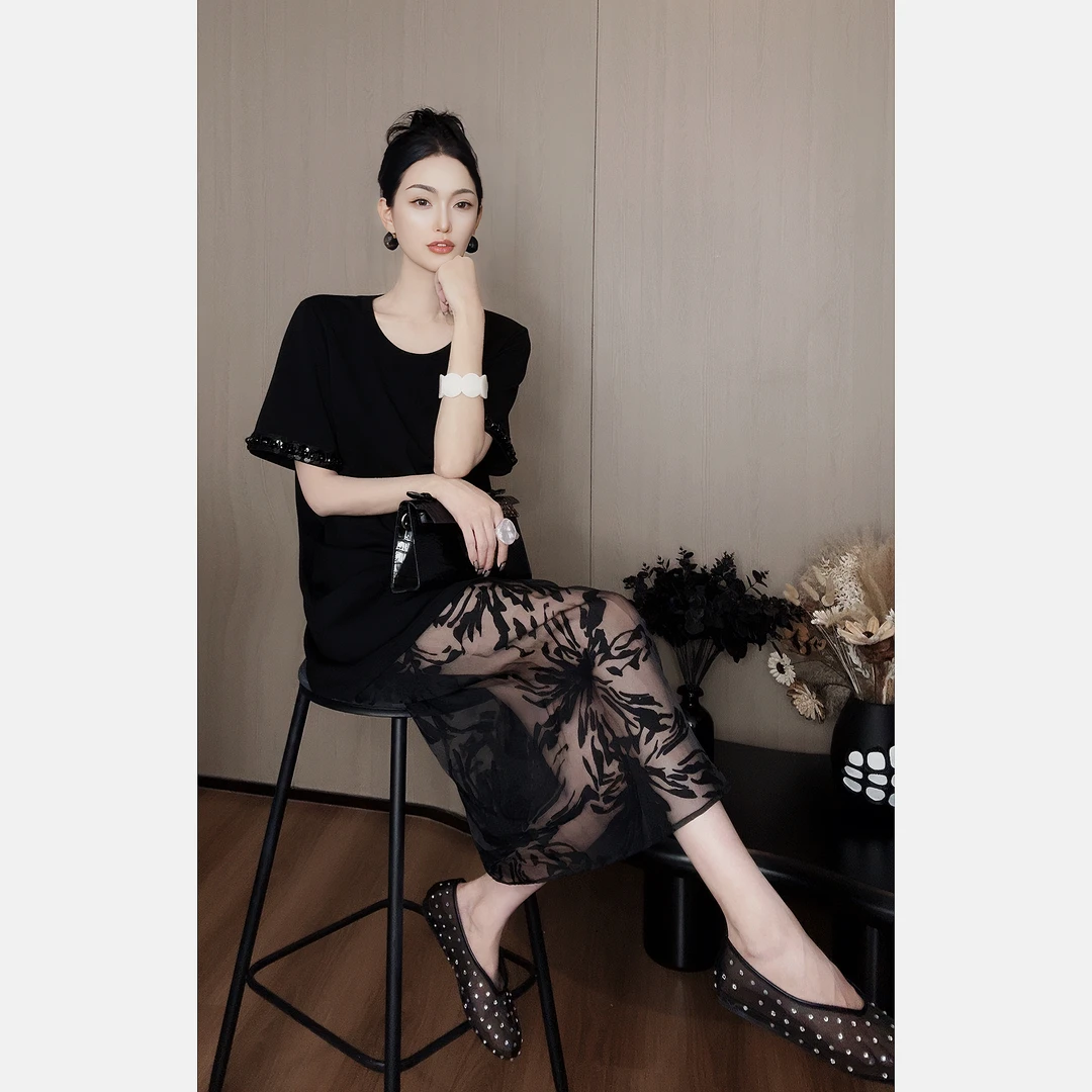 紫紫  纤瘦美人 簪花系列拼纱可拆卸时尚黑色蕾丝连衣裙ZSJC0419