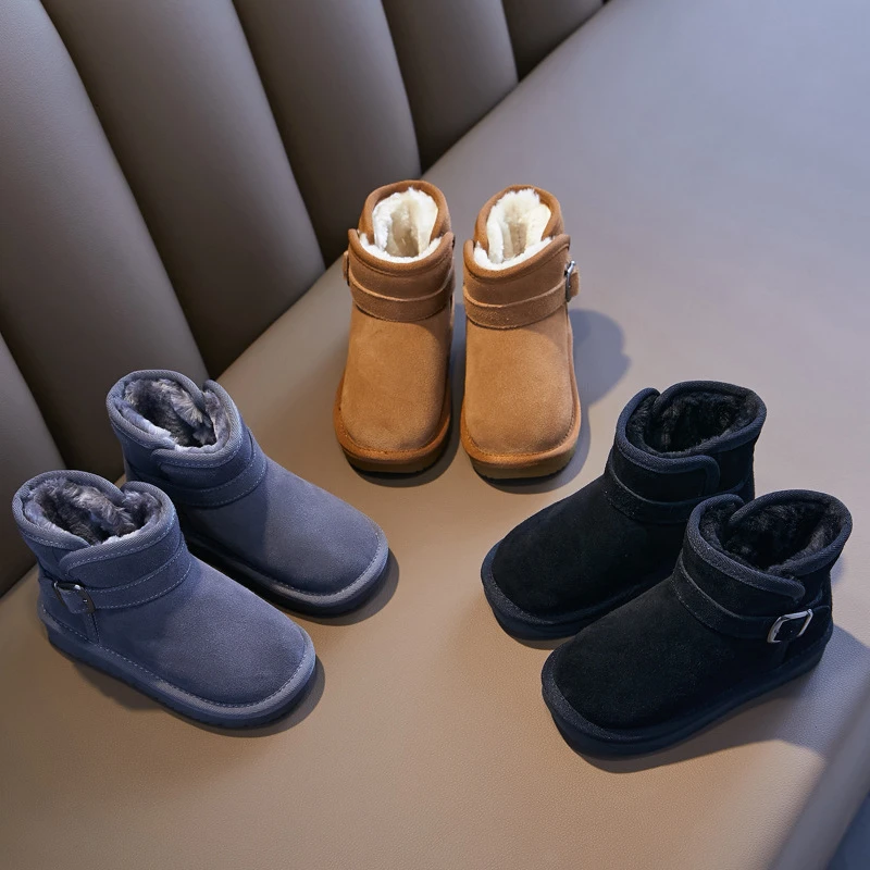 蜡笔小新冬季儿童雪地靴男童鞋女童靴子新款2023真皮短靴加绒6602