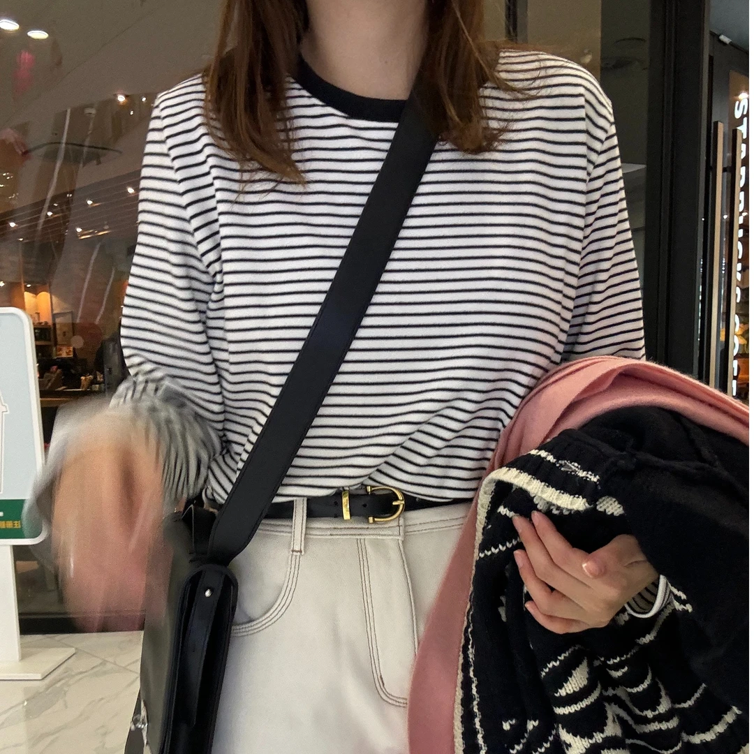 【金恩慧欧尼Hi mood】德绒条纹百搭圆领长袖T恤